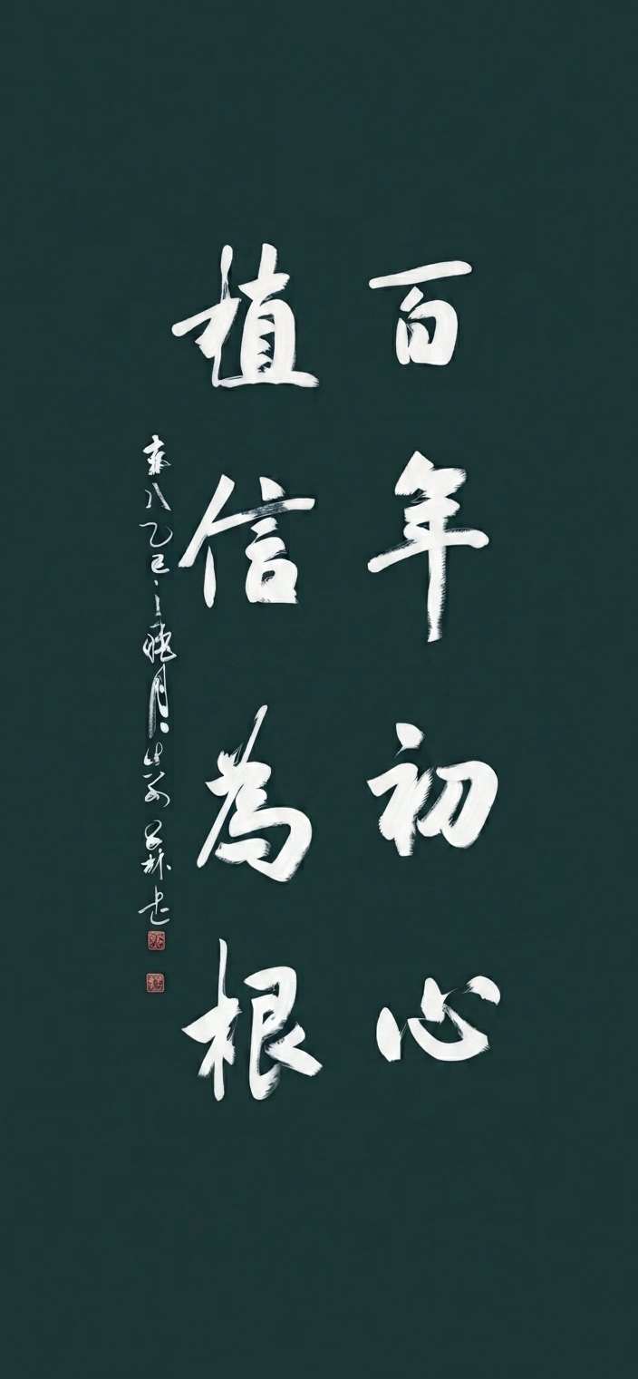 Brush calligraphy reading 百年初心，植信为根