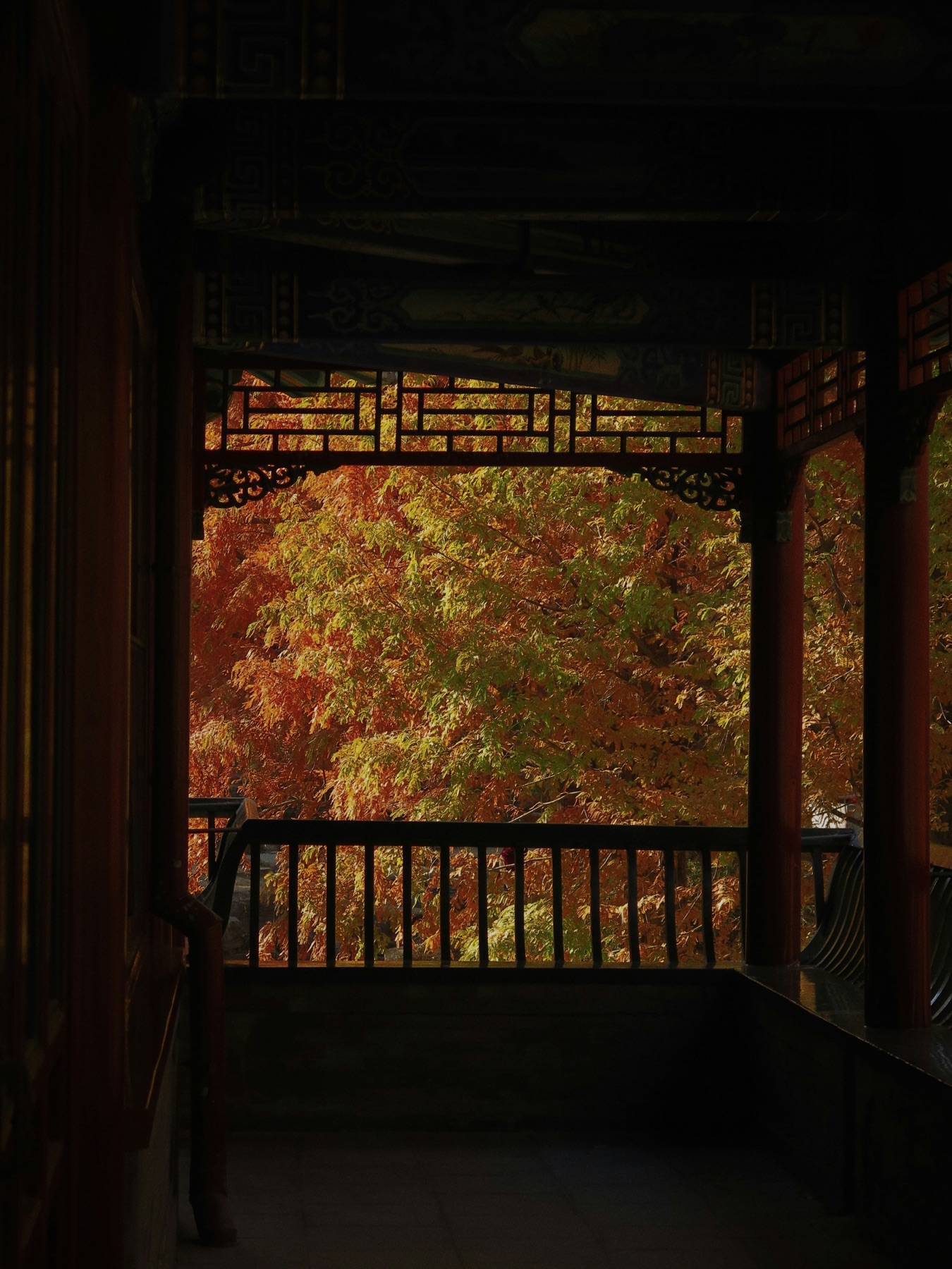 A dark veranda whose carved lattice frames autumn trees